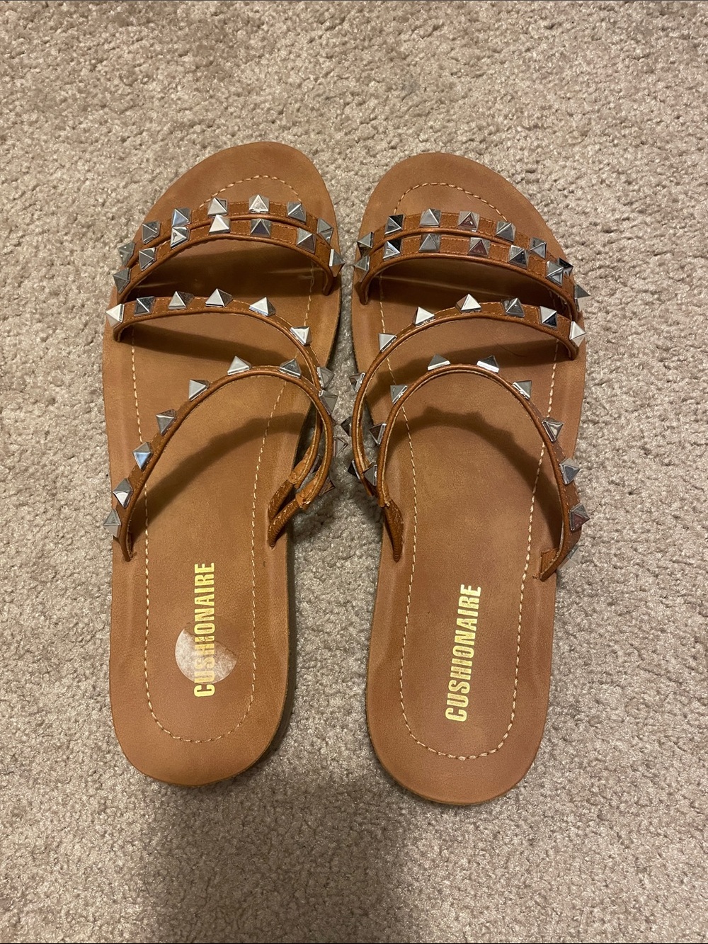 Cushionaire Brown Studded Triple-Strap Slide Sandals